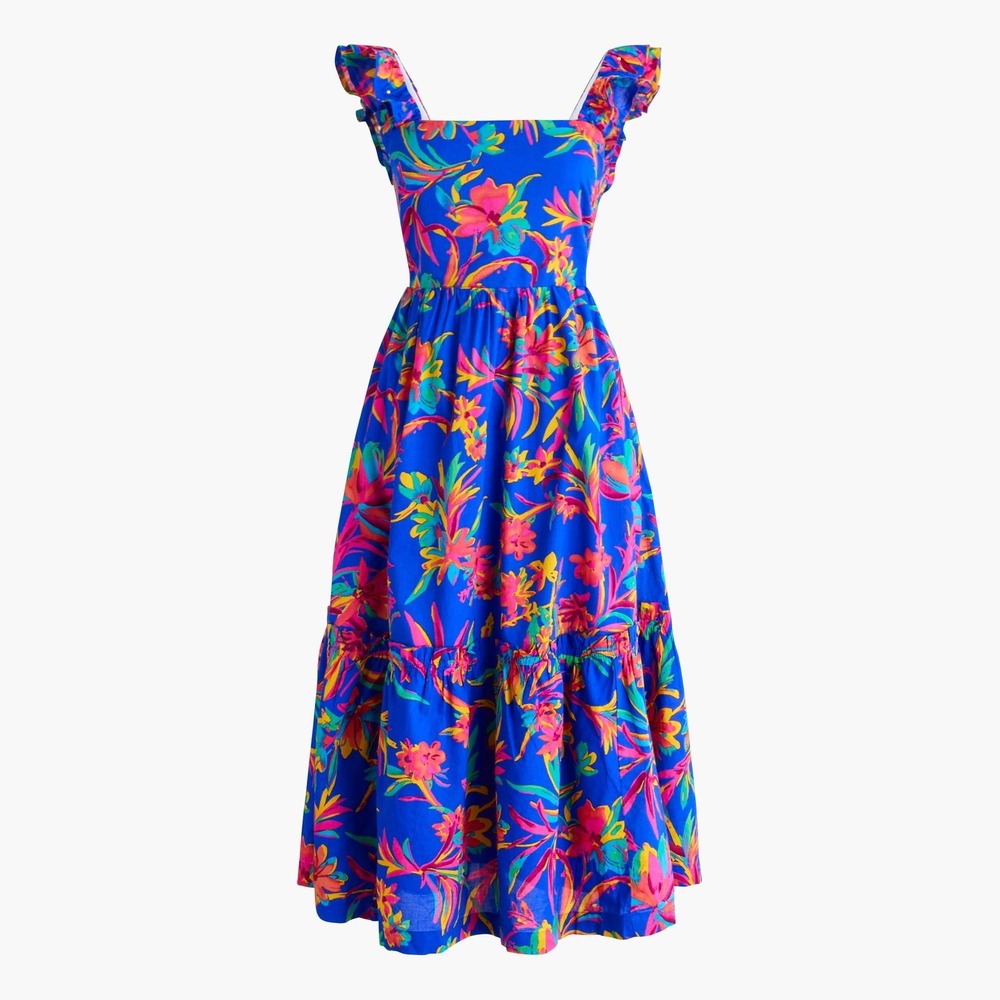 J.Crew Floral Ruffle Strap Tiered Midi Dress Blue Pink Tropical Size M/L Pockets